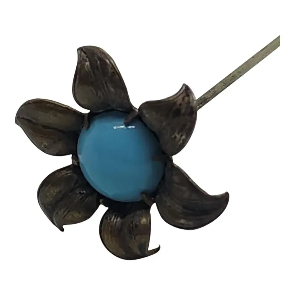 Vintage Long Stem Flower Stick Pin Turquoise Blue Cabochon Hat Lapel Floral